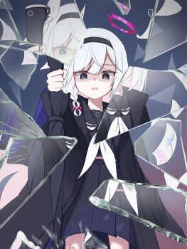 1girl :d absurdres black_coat black_hairband black_sailor_collar black_serafuku black_shirt bleach blue_archive blue_pupils blunt_bangs bow braid coat commentary cowboy_shot downturned_eyes envelope evil_smile film_grain glass_shards grey_background grey_eyes hair_between_eyes hair_bow hairband halo hand_up highres holding holding_umbrella kyouka_suigetsu_(shikai) long_hair looking_at_viewer mismatched_pupils neckerchief open_clothes open_coat open_mouth parody plana_(blue_archive) pleated_skirt red_halo red_pupils sailor_collar school_uniform serafuku shaded_face shirt simple_background single_braid skirt smile solo umbrella white_bow white_hair white_neckerchief yoowaru