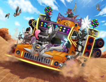 Rule 34 | absol, arm up, artist name, belt, black jacket, blue sky, brown-framed eyewear, brown belt, claws, clenched hand, closed mouth, clothed pokemon, cloud, commentary, day, desert, emphasis lines, english commentary, eyewear on head, flag, flying, gen 1 pokemon, gen 3 pokemon, gen 5 pokemon, gen 7 pokemon, gen 8 pokemon, grafaiai, jacket, krookodile, mandibuzz, mega absol z, mega pokemon, motor vehicle, nintendo, obstagoon, one-eyed, open mouth, outdoors, pinsir, pokemon, pokemon (creature), pokemon focus, pokemon sv, red-framed eyewear, revavroom, riding, sand, sharp teeth, signature, sitting, sky, speaker, standing, sunglasses, team skull, team star, teeth, thecalendork, tongue, tongue out, torn flag, toxtricity, toxtricity (low key), ultra beast, varoom, watermark, xurkitree