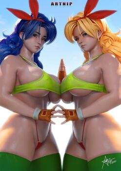 2021 2girls adapted_costume artnip blonde_hair blonde_pubic_hair blue_hair blue_legwear blue_pubic_hair breast_press breasts bursting_breasts colored_pubic_hair covered_erect_nipples cowboy_shot curly_hair dragon_ball dragon_ball_(classic) dual_persona female_pubic_hair fingerless_gloves gloves green_sports_bra green_thighhighs highleg highleg_panties large_breasts long_hair looking_at_viewer lunch_(bad)_(dragon_ball) lunch_(dragon_ball) lunch_(good)_(dragon_ball) multiple_girls orange_gloves panties pubic_hair pubic_hair_peek red_panties revealing_clothes sideboob signature skindentation sports_bra standing strap_gap symmetrical_docking symmetrical_hand_pose symmetrical_pose thick_thighs thighhighs thighs underboob underwear