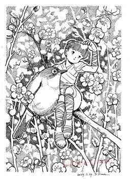 Rule 34 | 1girl, arm up, artist name, bird, blunt bangs, border, commentary request, dated, flower, greyscale, hair bun, hatching (texture), in tree, japanese white-eye, leg wrap, linear hatching, mini person, minigirl, monochrome, original, parted lips, plum blossoms, sandals, shirt, short hair, shorts, sitting on branch, solo, traditional media, tree, white border, zpihr6jprso2r2l