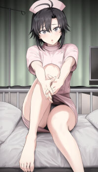 Rule 34 | 1girl, :o, absurdres, antenna hair, bare legs, barefoot, bed, black eyes, black hair, blush, commentary request, curtains, feet, fingernails, foot out of frame, hair between eyes, hat, highres, hospital bed, idolmaster, idolmaster (classic), indoors, interlocked fingers, kikuchi makoto, knee up, looking at viewer, nurse, nurse cap, on bed, own hands together, panties, pantyshot, short hair, short sleeves, sitting, solo, toenails, toes, tsurui, underwear, upskirt