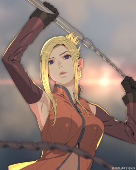 1girl armpits black_gloves blonde_hair blue_eyes breasts brown_sleeves detached_sleeves fighting_stance final_fantasy final_fantasy_viii gloves highres holding holding_whip kobayashi_gen long_hair medium_breasts midriff official_art orange_hair parted_bangs parted_lips quistis_trepe simple_background solo square_enix straight_hair updo upper_body