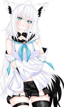 1girl :3 absurdres animal_ear_fluff animal_ears belt black_belt black_collar black_shorts black_thighhighs blue_eyes blue_neckerchief blue_ribbon blush breasts check_clothing closed_mouth clothing_request collar commentary_request cowboy_shot crossed_bangs detached_sleeves drawstring fox_ears fox_girl fox_tail front_slit highres hololive hood hoodie large_breasts long_bangs long_hair long_sleeves looking_at_viewer midriff_peek neckerchief reddo9 ribbon ribbon-trimmed_sleeves ribbon_trim shirakami_fubuki shirakami_fubuki_(1st_costume) shorts simple_background smile solo swaying_hip tail thighhighs virtual_youtuber white_background white_hair white_hoodie wide_sleeves zettai_ryouiki