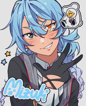 1girl 1other absurdres ai_the_somnium_files ai_the_somnium_files:_nirvana_initiative aiba_(ai_the_somnium_files) black_eyes black_gloves blue_hair braid character_name collared_shirt commentary english_commentary gloves grey_background heterochromia highres long_hair long_sleeves okiura_mizuki orange_eyes shirt slippy_(734nyui) star_(symbol) teeth twin_braids upper_body