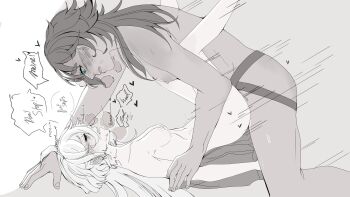 Rule 34 | 2girls, aqua eyes, blush, breasts, closed eyes, commentary, completely nude, dildo, ear blush, english commentary, english text, greyscale, gundam, gundam suisei no majo, heart, highres, large breasts, long hair, lying, miorine rembran, missionary, monochrome, motion lines, multiple girls, nipples, nude, on back, open mouth, saliva, sex, sex toy, short hair, simple background, small breasts, speech bubble, spot color, strap-on, suletta mercury, sweat, tears, tongue, vaginal, xyl illust, yuri