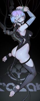 1girl absurdres anal anal_object_insertion aqua_eyes ass barefoot bdsm bondage bound cable commentary cyberpunk_(series) cyberpunk:_edgerunners cyborg eyeliner eyeshadow from_behind gag highres iuui looking_at_viewer looking_back lucy_(cyberpunk) machinery makeup mechanical_spine multicolored_hair object_insertion open_mouth pussy_juice science_fiction solo spine stirrup_legwear subdermal_port symbol-only_commentary thighhighs toeless_legwear toes wire