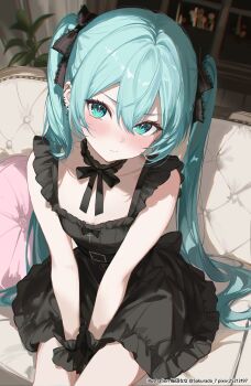 1girl absurdres artist_name belt_buckle between_legs black_bow black_choker black_dress blue_eyes blue_hair blush bow breasts buckle choker collarbone commentary_request couch cross dress frilled_choker frilled_wristband frills hair_between_eyes hair_bow hand_between_legs hatsune_miku highres long_hair looking_at_viewer neck_ribbon on_couch pink_pillow pixiv_id plant ribbon sakurada_nana sitting small_breasts solo twintails twitter_username vocaloid