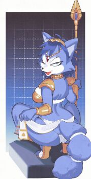 1girl animal_ears animal_nose arm_tattoo armor ass bandeau bikini_armor blue_fur blue_hair body_fur bracelet breasts circlet clothes_lift commission forehead_jewel fox_ears fox_girl fox_tail from_behind full_body furry furry_female gem gold_bracelet gold_circlet green_eyes highres holding holding_polearm holding_staff holding_weapon inkerton-kun jewelry krystal leg_tattoo loincloth looking_at_viewer looking_back neck_ring nintendo one_eye_closed open_mouth polearm red_gemstone second-party_source short_hair shoulder_pads smile snout solo squatting staff star_fox star_fox_adventures tail tail_ornament tail_ring tattoo two-tone_fur weapon white_bandeau white_fur