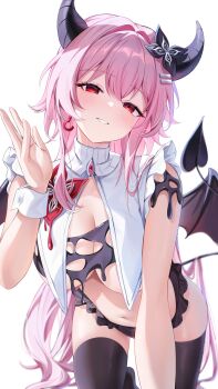1girl absurdres aida_noa all_fours alternate_costume black_horns black_panties black_tail black_thighhighs blush breast_curtains breasts clenched_teeth commentary_request demon_horns demon_tail demon_wings evernight_(honkai:_star_rail) highres honkai:_star_rail honkai_(series) horns indoors large_breasts long_hair looking_at_viewer march_7th_(honkai:_star_rail) panties pink_hair red_eyes solo striped_horns tail teeth thighhighs underwear white_background wings wrist_cuffs