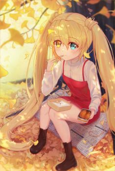 1girl absurdres autumn autumn_leaves bento black_boots blonde_hair blue_eyes blurry blush boots casual chopsticks closed_mouth commentary dappled_sunlight day depth_of_field dress eyelashes eyes_visible_through_hair falling_leaves film_grain flowingcrescent food food_on_face full_body ginkgo_leaf ginkgo_tree hair_between_eyes hand_up heterochromia highres holding holding_chopsticks holding_food knees_up lace-up_boots leaf long_hair long_sleeves looking_ahead nakatsu_shizuru newspaper outdoors red_dress rewrite scenery shirt short_dress sidelocks sitting sleeveless sleeveless_dress smile solo straight_hair sunlight tree twintails very_long_hair white_shirt yellow_eyes