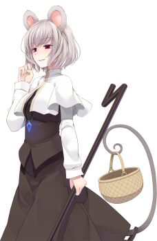 1girl animal_ears basket brown_skirt brown_vest capelet commentary_request cowboy_shot crote crystal dowsing_rod fingernails from_side grey_hair half-closed_eyes hand_up highres holding holding_basket holding_with_tail index_finger_raised jewelry large_variant_set long_skirt long_sleeves mouse_ears mouse_girl mouse_tail nazrin parted_lips pendant prehensile_tail red_eyes scratching_cheek shirt short_hair skirt smile solo standing tachi-e tail touhou transparent_background variant_set vest white_capelet white_shirt