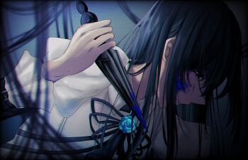 1girl ado_(utaite) black_eyes black_hair chando_(ado) closed_mouth commentary dress english_commentary film_grain highres holding holding_knife knife long_hair long_sleeves paint_splatter shoko_(gs_music11) sidelocks solo utaite white_dress