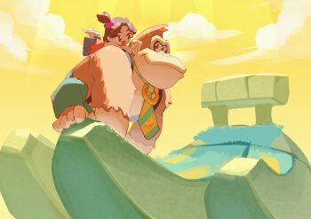 1boy 1girl bare_arms bare_shoulders barefoot blue_pants brown_eyes brown_fur brown_hair child cloud day donkey_kong_(series) donkey_kong_bananza green_necktie hair_ornament hair_scrunchie hashtag-only_commentary highres looking_at_another looking_to_the_side lying monyorun necktie nintendo no_nose on_stomach outdoors pants pauline_(mario) pauline_(young)_(mario) purple_scrunchie red_shirt scrunchie shirt short_hair sky sleeveless sleeveless_shirt standing striped_clothes striped_necktie topknot twitter_username two-tone_necktie yellow_necktie yellow_sky