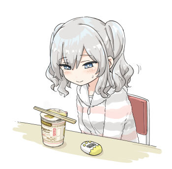 1girl :> aka_ringo alternate_costume chair chopsticks commentary_request countdown_timer grey_eyes hood hooded_sweater hoodie instant_noodles kantai_collection kashima_(kancolle) nissin_cup_noodle nissin_cup_noodle_curry sidelocks silver_hair simple_background solo striped_clothes striped_sweater sweater table timer twintails upper_body v_arms waiting wavy_hair white_background