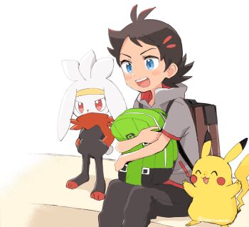 1boy :d backpack bag blue_eyes commentary gen_1_pokemon gen_8_pokemon goh_(pokemon) green_bag grey_shirt highres male_focus medium_hair nintendo open_mouth pants pikachu pokemon pokemon_(anime) pokemon_(creature) pokemon_journeys pokesumomo raboot shirt short_sleeves sitting smile symbol-only_commentary teeth tongue upper_teeth_only