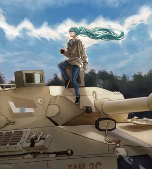 1girl absurdres aqua_hair argentinian_flag argentinian_flag_print black_shoes blue_pants blue_sky cloud cloudy_sky cup day flag_print hatsune_miku highres holding holding_cup long_hair military_vehicle motor_vehicle noian_saber outdoors pants print_shirt shadow shirt shoes signature sky solo sweater tam_(tank) tank tree very_wide_shot vocaloid white_sweater worldwide_miku
