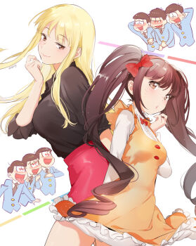 2girls 6+boys bad_id bad_pixiv_id chibimi closed_eyes heart heart-shaped_pupils iyayo mery_(yangmalgage) multiple_boys multiple_girls open_mouth osomatsu-san osomatsu_(series) symbol-shaped_pupils white_background