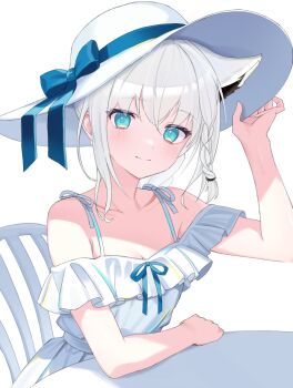 1girl animal_ears aqua_eyes armpit_crease blush breasts chair cleavage closed_mouth collarbone commentary_request dress extra_ears fox_ears fox_girl hat hololive long_hair looking_at_viewer medium_breasts on_chair shirakami_fubuki simple_background sitting smile solo sun_hat sundress table user_wevy7384 virtual_youtuber white_background white_dress