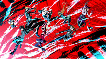 10s 3boys 4girls absurdres amamiya_ren axe belt black_hair black_jacket bodysuit breasts brown_hair cat cat_mask cat_tail cleavage dagger domino_mask everyone eye_mask feathers flying_kick fox_(persona_5) fox_mask goggles gun handgun hat hat_feather highres jacket joker_(persona_5) k-you_(hikarininare) katana kicking kitagawa_yuusuke knife lead_pipe long_hair mask midair morgana_(persona_5) multiple_boys multiple_girls niijima_makoto noir_(persona_5) okumura_haru open_mouth oracle_(persona_5) panther_(persona_5) persona persona_5 queen_(persona_5) red_background red_eyes sakamoto_ryuuji sakura_futaba scarf skull_(persona_5) skull_mask spiked_hair spiked_knuckles sword tail takamaki_anne twintails weapon whip