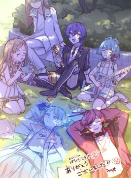 2boys 4girls aisuu_(voisona) blue_hair braid brown_hair chis-a commentary_request green_eyes highres kirune_(voisona) long_hair mi_no_take multicolored_hair multiple_boys multiple_girls myk-iv orange_hair pink_hair purple_hair smile tanaka_san tomo_(voisona) voisona