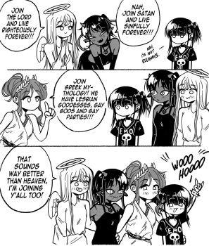 Rule 34 | 4girls, ancient greek clothes, angel, angel wings, blush, dark-skinned female, dark skin, demon girl, demon horns, earrings, emo-girl (grs-), emo fashion, english text, greco-roman clothes, grs-, halo, hand gesture, highres, horns, jewelry, laurel crown, multiple girls, no mouth, original, pointy ears, speech bubble, toga, wings, yuri