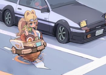 2girls absurdres animal_ear_headwear bandana bandana_around_neck blue_eyes car closed_mouth commentary_request contemporary driving fake_animal_ears fujiwara_takumi's_toyota_trueno_ae86 genshin_impact green_bandana helmet highres hooriyuu initial_d kachina_(genshin_impact) light_brown_hair long_hair motor_vehicle mualani_(genshin_impact) multiple_girls pop-up_headlights riding road toyota toyota_sprinter_trueno