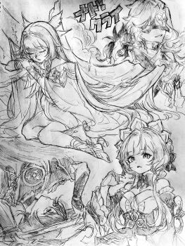 2boys 2girls absurdly_long_hair angel_wings anklet armor ascot bandaged_arm bandages barefoot_sandals_(jewelry) blunt_bangs blunt_ends bodysuit bow breasts brooch closed_eyes coat columbina_(genshin_impact) detached_collar detached_sleeves dottore_(genshin_impact) dress eye_mask eyelashes facing_down feathered_wings feathers fingernails frilled_sleeves frills genshin_impact gloves greyscale hair_bow hair_intakes hair_spread_out hand_up hat head_wings headdress highres japanese_armor japanese_clothes jewelry jingasa kimono kingyo_(nyankomanjyuu15) kote layered_sleeves long_hair looking_at_viewer looking_to_the_side mandarin_collar mask medium_breasts mitsudomoe_(shape) monochrome multiple_boys multiple_girls multiple_wings neck_ring off_shoulder open_clothes open_kimono open_mouth rope sandrone_(genshin_impact) scaramouche_(genshin_impact) shimenawa short_hair short_hair_with_long_locks short_sleeves sidelocks sitting sketch smirk swept_bangs syringe_earrings tassel toenails tomoe_(symbol) translation_request tsurime underbust veil very_long_hair wing_ornament wings wispy_bangs wrist_bow yokozuwari