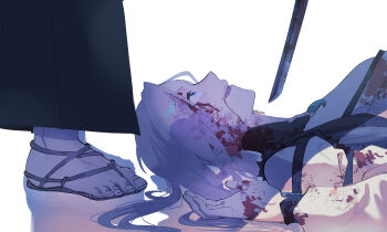 1boy 1girl absurdres adoptive_parent_and_adoptive_child awapontasu black_hakama blade_to_throat blood blood_in_hair blood_on_clothes blood_on_face blood_on_hands breasts commentary_request earrings fate/samurai_remnant fate_(series) hakama highres japanese_clothes jewelry large_breasts long_hair magatama miyamoto_iori_(fate) miyamoto_musashi_(fate) miyamoto_musashi_(woman_of_niten_ichiryuu)_(fate) mother_and_son open_mouth sandals smile sword waraji weapon