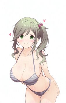 Rule 34 | 1girl, adversarial noise, arms behind back, bare shoulders, blush, bra, breasts, brown hair, closed mouth, commentary request, cowboy shot, fang, fang out, green eyes, hair bobbles, hair ornament, heart, highres, hitorilily, inuyama aoi, large breasts, leaning forward, looking at viewer, mole, mole on breast, mole on thigh, multiple moles, navel, panties, shiny skin, side ponytail, simple background, skin fang, smile, solo, split mouth, standing, striped bra, striped clothes, striped panties, thick eyebrows, underwear, underwear only, white background, yurucamp