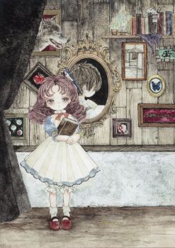 1boy 1girl acrylic_paint_(medium) ankle_socks bird blue_sleeves blush book bookshelf bow brown_hair bug butterfly child commentary_request curly_hair curtains dress fox hair_ribbon holding holding_book indoors insect karintoun long_hair looking_at_viewer mary_janes original painting_(medium) puffy_sleeves red_ribbon red_shoes ribbon shelf shoes short_sleeves signature socks standing stuffed_toy traditional_media watercolor_(medium) wavy_hair white_dress wolf wooden_floor