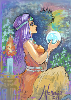 artist_name asymmetrical_dress brown_eyes candle castle circlet colored_eyelashes crystal_ball dark-skinned_female dark_skin dragon_quest dragon_quest_iv dress expressionless fire flower forehead_jewel from_side full_body full_moon gem green_gemstone hands_up highres holding_orb lipstick long_dress long_hair long_sleeves makeup minea_(dq4) moon naga160oji orange_dress orb profile purple_hair red_lips silver_circlet single_bare_shoulder single_sleeve sitting