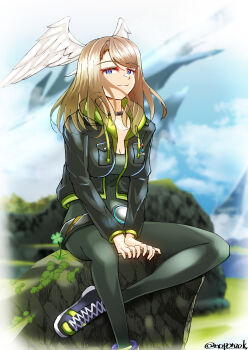 1girl :3 absurdres artist_name black_bodysuit black_jacket black_shoes blue_eyes blurry blurry_background bodysuit breasts brown_hair cleavage closed_mouth clover commentary_request cross-laced_shoes eunie_(xenoblade) four-leaf_clover head_wings highres jacket large_breasts long_hair looking_at_viewer noponzok open_clothes open_jacket outdoors shoes sitting smile solo twitter_username wings xenoblade_chronicles_(series) xenoblade_chronicles_3