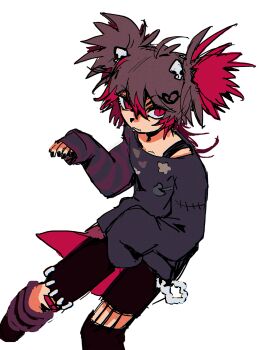 Rule 34 | 1girl, absurdres, ahoge, alternate costume, alternate hairstyle, black nails, black pants, black shirt, broken heart, broken heart hair ornament, brown hair, chinese commentary, commentary request, evil neuro-sama, flat chest, gothic punk, hair ornament, heart, highres, looking at viewer, multicolored hair, neuro-sama, pants, poodle (lofter 1389564), red eyes, red hair, shirt, short twintails, simple background, skull hair ornament, sleeves past wrists, slit pupils, solo, spiked hair, standing, torn clothes, torn pants, twintails, two-tone hair, vedal ai, virtual youtuber, white background