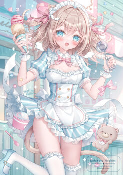 Rule 34 | 1girl, animal ear fluff, animal ears, apron, bear, blonde hair, blue dress, blue eyes, blush, bow, breasts, cleavage, commentary request, dress, food, frills, hair between eyes, hair bow, hair ornament, highres, holding, holding food, holding ice cream, holding ice cream cone, holding ice cream scoop (utensil), ice cream, ice cream cone, ice cream scoop (utensil), kohinata hoshimi, long hair, looking at viewer, medium breasts, open mouth, original, pink bow, pink ribbon, puffy short sleeves, puffy sleeves, ribbon, shoes, short sleeves, smile, tail, thighhighs, waist apron, white apron, white headdress, white thighhighs, wing hair ornament, wings, wrist cuffs