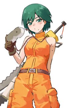 1girl :/ aqua_eyes aqua_hair arm_behind_back bare_shoulders belt breasts brown_gloves chainsword commentary contrapposto cowboy_shot gloves head-mounted_display highres holding jumpsuit light_blush looking_at_viewer motorslice multiple_moles orange_jumpsuit p_(motorslice) ryoha_kosako short_hair simple_background sketch small_breasts solo standing sword sword_on_back tomboy turtleneck_jumpsuit weapon weapon_on_back white_background