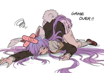 Rule 34 | 1girl, animal ears, black jacket, blazer, blush, brown shoes, closed eyes, crossed bandaids, defeat, english text, facing viewer, jacket, kneehighs, loafers, long hair, long sleeves, necktie, noriuma, open mouth, pink skirt, purple hair, rabbit ears, rabbit girl, rabbit tail, red necktie, reisen udongein inaba, shirt, shoes, skirt, socks, solo, squeans, tail, top-down bottom-up, torn clothes, torn skirt, touhou, twitter username, unconscious, very long hair, white background, white shirt, white socks