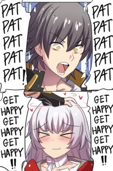 >_< 1boy 1girl 2koma :3 blush caelus_(honkai:_star_rail) choker clara_(honkai:_star_rail) comic commentary english_commentary english_text grey_hair happy headpat heart highres hinghoi honkai:_star_rail honkai_(series) meme open_mouth plap_plap_plap_get_pregnant_(meme) portrait short_hair smile speech_bubble trailblazer_(honkai:_star_rail) v-shaped_eyebrows white_choker white_hair wide-eyed yellow_eyes