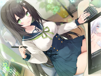 Rule 34 | 2girls, black hair, blue eyes, blue sailor collar, blue skirt, blush, bookshelf, breasts, chair, collarbone, completely nude, cup, drawing tablet, dutch angle, flower, green eyes, grey hair, highres, holding, holding stylus, indoors, large breasts, long hair, long sleeves, looking at viewer, multiple girls, no bra, nude, open mouth, original, plant, potted plant, sailor collar, satsuki misuzu, school uniform, shelf, shirt, sidelocks, sitting, skirt, solo, stylus, swivel chair, thighs, very long hair, white shirt