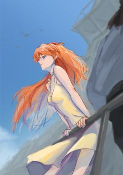 1girl 1other against_railing bare_arms belt bird black_pants blue_eyes blue_sky breasts choker closed_mouth collarbone from_side highres interface_headset_(evangelion) long_hair male_underwear neon_genesis_evangelion orange_hair pants railing shirt sky small_breasts souryuu_asuka_langley two_side_up underwear user_wxuw2352 white_shirt wind wind_lift yellow_male_underwear
