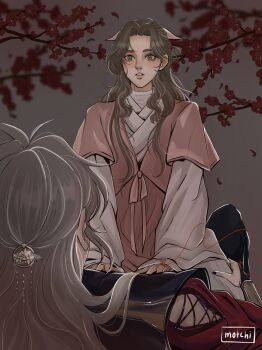 1boy 1girl absurdres aerith_gainsborough alternate_universe black_nails blonde_hair blush bridal_gauntlets brown_hair chinese_clothes clothing_cutout cloud_strife derivative_work dress falling_petals final_fantasy final_fantasy_vii flower flower_hairpin girl_on_top green_eyes grey_sky hair_ornament hair_ribbon half_updo hand_on_another's_thigh hands_on_another's_stomach hetero highres long_hair looking_at_another motchilin nail_polish parted_bangs parted_lips petals pink_dress pink_ribbon red_flower red_petals red_shirt ribbon robe shirt shoulder_cutout sidelocks sky spiked_hair string string_of_fate tianguan_cifu white_robe