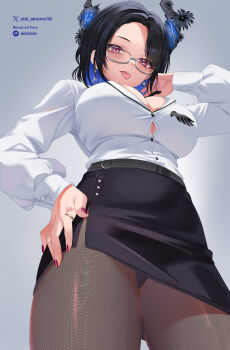 1girl :p absurdres asymmetrical_horns black_hair black_pantyhose black_skirt blue_hair breasts button_gap cleavage collared_shirt colored_inner_hair commentary earrings english_commentary flower from_below glasses hand_on_own_hip hand_up high-waist_skirt highres hololive hololive_english horn_flower horns jewelry large_breasts looking_at_viewer mole mole_under_eye multicolored_hair nerissa_ravencroft nerissa_ravencroft_(casual) office_lady official_alternate_costume official_alternate_hair_length official_alternate_hairstyle oioi_ainomo paid_reward_available pantyhose pencil_skirt red_eyes shirt short_hair skirt solo tongue tongue_out uneven_horns virtual_youtuber white_shirt