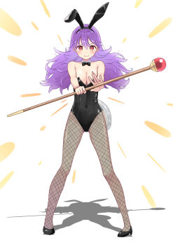 1girl alternate_costume animal_ear_hairband animal_ears black_bow black_bowtie black_leotard black_pantyhose black_shoes bow bowtie breasts cleavage commentary detached_collar dragon_quest dragon_quest_ii fake_animal_ears fishnet_pantyhose fishnets full_body hairband highres holding holding_staff leotard long_hair mage_staff pantyhose playboy_bunny princess_of_moonbrook purple_hair rabbit_ear_hairband rabbit_ears red_eyes shoes smile solo staff standing tenjou_ryuka