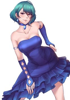 absurdres ahoge asymmetrical_hair blue_dress blueriest commission cowboy_shot dead_or_alive dead_or_alive_6 dead_or_alive_xtreme dead_or_alive_xtreme_venus_vacation dress green_eyes green_hair highres leaning_forward mole mole_under_eye multicolored_hair red_streaks streaked_hair tamaki_(doa)