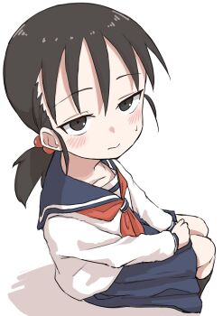 Rule 34 | 1girl, black hair, blue sailor collar, blue skirt, blush, closed mouth, foreshortening, hair bobbles, hair ornament, hashtag-only commentary, henfrey14, highres, karakai jouzu no takagi-san, mano-chan, neckerchief, ponytail, red neckerchief, sailor collar, school uniform, shadow, shirt, short ponytail, simple background, sitting, skirt, solo, sweat, white background, white shirt