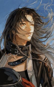 Rule 34 | 1girl, 5a43c64111be1010b3bd07e9, angell (path to nowhere), belt, black hair, black jacket, chinese commentary, commentary request, floating hair, gradient hair, grey hair, helmet, highres, holding, holding unworn helmet, jacket, looking up, multicolored hair, outdoors, path to nowhere, portrait, sky, solo, unworn headwear, unworn helmet, yellow eyes