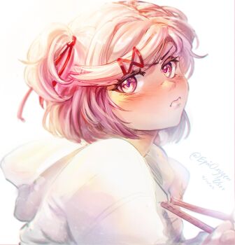 1girl angry blush bob_cut closed_mouth doki_doki_literature_club drawstring epicoxygenuser hair_ornament hair_ribbon hairclip head_tilt highres hood hoodie looking_at_viewer natsuki_(doki_doki_literature_club) neck pink_drawstring pink_eyes pink_hair puffy_cheeks red_ribbon ribbon short_hair short_twintails twintails twitter_username upper_body white_background white_hoodie