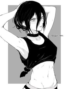 1girl armpits arms_behind_head arms_up breasts chainsaw_man choker commentary_request greyscale hair_between_eyes highres looking_at_viewer madaosw medium_breasts medium_hair monochrome reze_(chainsaw_man) shirt solo tank_top tied_shirt twitter_username