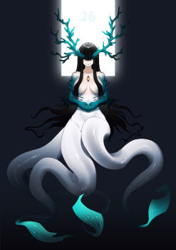 1girl absurdres alternate_costume alternate_form aqua_hair aqua_horns aqua_streaks arknights black_background black_hair breasts closed_mouth colored_extremities commentary completely_nude dusk_(arknights) english_commentary full_body ghosty_(xiaobai) green_hands hair_over_eyes hands_on_own_stomach highres horns huge_breasts long_hair merfolk mermaid monster_girl multicolored_hair multiple_tails nude simple_background solo streaked_hair tail two-tone_hair white_background