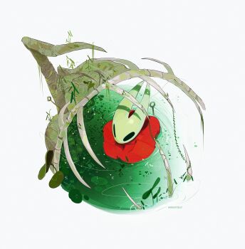 1girl animal_skeleton arthropod_girl artist_name ben-day_dots black_eyes chinese_commentary cloak commentary_request copyright_name film_grain from_above highres hightguy hollow_knight hollow_knight:_silksong hornet_(hollow_knight) horns lily_pad needle_(hollow_knight) pin_(hollow_knight) plant red_cloak screentones shadow simple_background solo thread wading water white_background