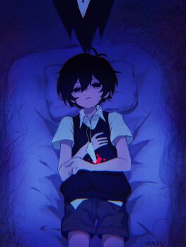 1boy antenna_hair artist_name black_eyes black_hair black_sweater_vest blood blood_on_clothes brown_shorts collared_shirt double-parted_bangs hair_between_eyes head_on_pillow highres knife_in_chest lying makucrp male_focus omori on_back parted_lips pillow shirt short_hair short_sleeves shorts solo something_(omori) spoilers stab suicide sunny_(omori) sweatdrop sweater_vest white_shirt